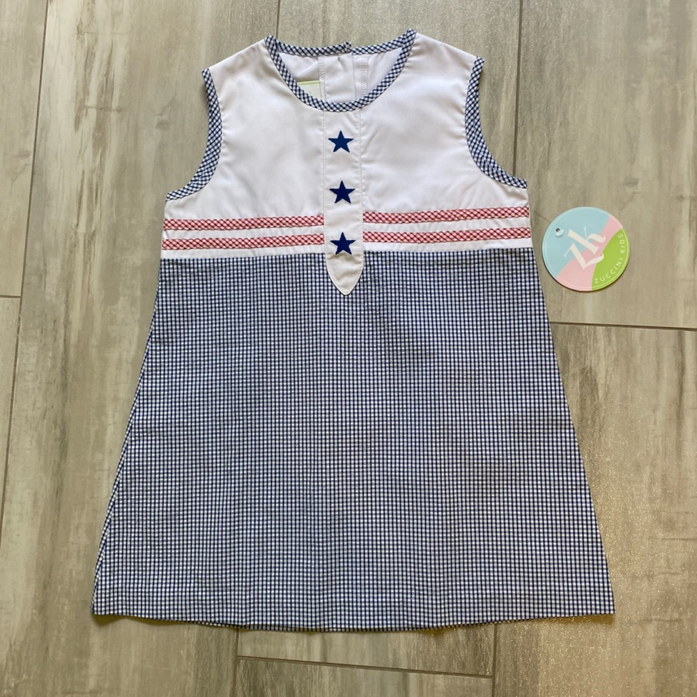 NWT Zuccini Kids Stars Royal Seersucker Gingham Check Sleeveless Dress, girls 4T